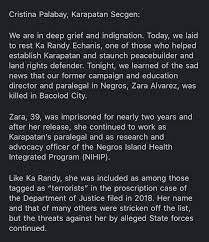 The peace and justice online website (www.peaceandjusticeonline.org) has reached a readership milestone. Mike Navallo Auf Twitter Rights Group Karapatan Expresses Deep Grief And Indignation Over Killing Of Negros Based Activist Zara Alvarez In Bacolod City It Comes As Peace Advocate Randy Echanis Was Laid To