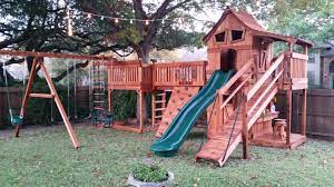 Mustang Playset Bridged To Tree Deck With Swing Set Outdoor Family Fun Backyard Treehouse Outdoorliving O Backyard Swing Sets Decks Backyard Backyard Fun