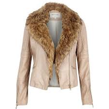 River Island Cream Leather Look Faux Fur Biker Jacket