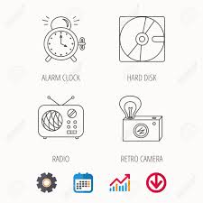 Radio Retro Camera And Alarm Clock Icons Hard Disk Linear Sign