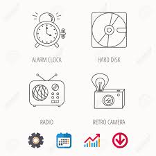 radio retro camera and alarm clock icons hard disk linear sign