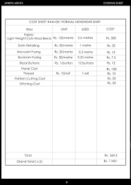 Menswear Formal Shirt Cost Sheet Cost Sheet Shirt Packaging Sheet