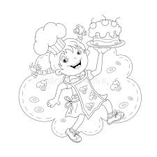 First, sketch the hat by drawing a circle for the top and two rectangles at the bottom. Coloring Page Outline Of Cartoon Girl Chef With Cake Stock Vector Illustration Of Line Kitchen 71826437