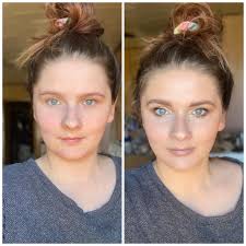 Before and after perfect makeup for vacation Eyes-trust, basic and foxy  Bright highlight-linen Main highlight-aura Contour-olive Bronzer-bella Lip  and cheek-plum Absolutely loving my new routine goes
