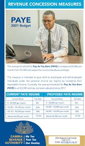 Zambia Revenue Authority The 2021 Budget Proposal Contains Among Other Things An Adjustment To The Pay As You Earn Paye Bands As Contained In The Speech By The Minister Of Finance