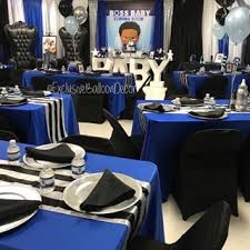 Black Boss Baby Baby Shower Decorations Nice And Clean I Am Not A Fan Of This Venue But This Transformation Tho Baby Boy Shower Party Baby Birthday Party Boy Baby Birthday Party Theme