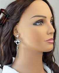 Vintage Mexican Onyx Sterling Silver Swirl Barrel Long Dangle Earrings, 3  Inch