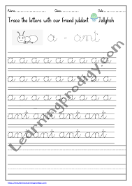 This cursive alphabet chart shows capital letters and lowercase letters to help students learn cursive writing. Lowercase Dotted Lines English Alphabets Cursive Writing Practice Worksheet With Pictures Learningprodigy English English Cursive Writing English G1