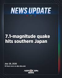 A magnitude 7.1 earthquake hits southern Japan on Tuesday, July 28, 2026. The United States Geological Survey records the epicenter southeast of Uki City.