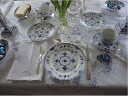 At an informal setting, fewer utensils are used and serving dishes are placed on the table. Easter Breakfast Table Setting With Royal Copenhagen Musselmalet Between Naps On The Porch
