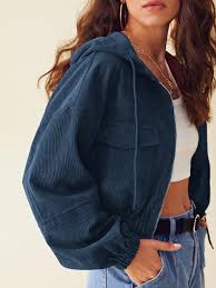 Lapel neck drop shoulder blazer & ruffle hem skirt. Solid Crop Corduroy Hooded Jacket Blue Shein