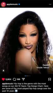 🚨 ¡THE QUEEN! 🚨 👑 La cuenta oficial de #AppleMusic menciona "Bodak  Yellow" de #CardiB como una de las 10 canciones más emblemáticas y exitosas  de la plataforma, Cardi es la única