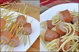 Threaded Spaghetti Hot Dog Bites Very Culinary Hot Dog Spaghetti Food Cooking