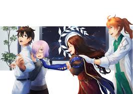 If a male character has a short ponytail at the nape of the neck, they might be chinese. Wallpaper Fate Series Fate Grand Order Anime Girls Anime Boys Ponytail Meganekko Lab Coats Elbow Gloves Big Boobs Hugging Open Mouth Closed Eyes Long Hair Redhead Brunette Short Hair Purple Hair