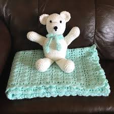 It measures approx 26 x 30. Other Mint Green Crocheted Baby Blanket With Teddy Bear Poshmark