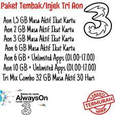 Paket internet 3 tri murah sangat populer di tahun 2020 berkat adanya paket aon 3 (always on). Paket Kuota Tri Aon Injek Tri Mix Combo 32 Gb Injek Murah Shopee Indonesia