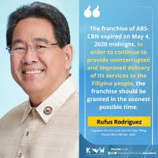 READ: Cagayan De Oro 2nd district Representative Rufus Rodriguez naghain  din ng bill ngayong araw kasabay ni Rep. Gabriel Bordado na naglalayong  bigyan ng panibagong prangkisa ang ABS-CBN for 25 years. "The