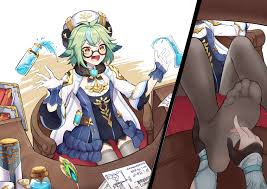 ke (justanegg), lumine (genshin impact), sucrose (genshin impact), genshin  impact, highres, 1girl, animal ears, chair, feet, foot focus, green hair,  hat, laughing, open mouth, pantyhose, paper, potion, round eyewear,  sitting, smile, soles,