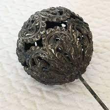 Antique Openwork Silver Metal Hat Pin Ornate Scalloped And Swirling Designs On The Top Of This Hat Pin Large Openwork Ball On Old Hat Pin Metallic Silver Hat Pins Openwork