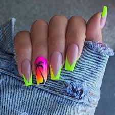 Green And Yellow Pink And Orange Neon Nail Polish Nail Tip Designs Black Palm Tree Long Coffin Nails Nail Tip Designs Neon Nail Polish Neon Nails