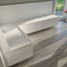 In this white contemporary space, a sleek blue banquette steals the show and adds a pop of color with a relaxing vibe. Banquette Corner Bench Seat With Storage Raw Or Finished Etsy Storage Bench Seating Corner Bench With Storage Corner Bench Seating