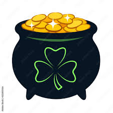 Pot of gold vector cartoon illustration. Black pot filled with sparkling  golden coins, with shamrock clover sign on side. Irish, St. Patrick's Day  celebration theme design element isolated on white. Stock Vector |