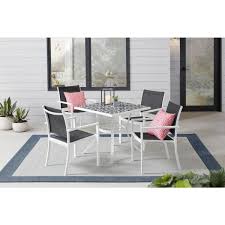 Get free shipping on qualified patio dining sets or buy online pick up in store today in the outdoors department. Stylewell Marivaux Black And White 5 Piece Steel Outdoor Patio Dining Set With Tile Top Table And Black Sling Chairs 2166sb The Home Depot
