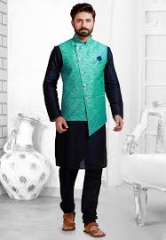 Buy Online Woven Art Silk Kurta Jacket Set In Navy Blue And Teal Green Now Item Code Mhg901 Colo Mens Kurta Designs Wedding Kurta For Men Indian Men Fashion