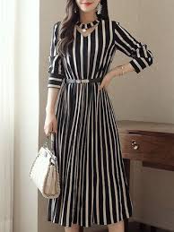 Women Black Plus Size Keyhole Stripe Midi Dress Striped Dress Midi Skater Dress Dresses