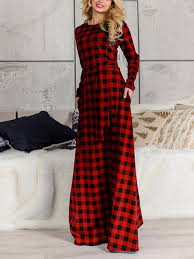 red black tartan print plaid pockets belt plus size long sleeve oversized casual bohemian maxi dress