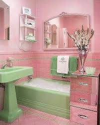 The hints of green on the pillows, area rug, chest, chair, lamp and some decor create a sense of balance in the whole pink scheme. A Wonderful Example Of 1950 Pretty For Today Classic Pink Green Bathroom Shabby Chic Bathroom Chic Home Decor Retro Home