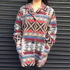 Womens Aztec Print Winter Coat Uk 12 Blue 17 Vintage Clothing