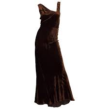 1930s Harrods Chocolate Brown Asymmetrically Draped Bias Silk Velvet Gown For Sale At 1stdibs