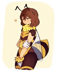 caribun, frisk (undertale), undertale, gender request, highres,  androgynous, antennae, bee costume, between legs, blush, brown hair, closed  eyes, fake antennae, fur collar, fur gloves, gloves, hand between legs,  hand on own arm,