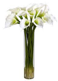 Calla Lily Silk Flowers In Water Vase In 3 Colors 27 Inches Silk Flower Arrangements Tall Cylinder Vases Cylinder Vase