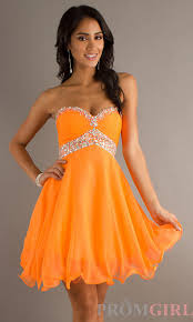 Short Strapless Chiffon Babydoll Prom Dress By Mori Lee Promgirl Com Orange Prom Dresses Orange Homecoming Dresses Neon Prom Dresses