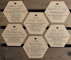 The couple can drink together as they highlight their first landmark moments as mr. Bridal Shower Wine Labels Modern 3 Inch Hexagon Basket Of Firsts Milestone Poems Wedding Gift Recycled Eco Friendly 6 Pack Buy Online In China At China Desertcart Com Productid 65534874