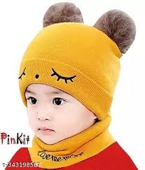 Kaneekshi Kids Unisex Wool Pom Pom Cap And Muffler(Yellow Color , Pack of  1)(0
