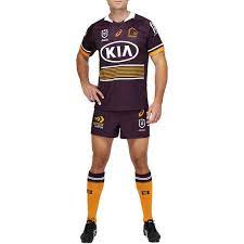 Embroidered broncos, asics and telstra premiership logos; Brisbane Broncos 2021 Mens Home Jersey Rebel Sport