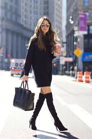 Black Sweater Dress With Suede Over The Knee Boots Fashion Sweater Dress Outfit Black Sweater Dress