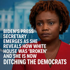 Biden's press secretary turns coat as she reveals how White House was  'broken' and she is now DITCHING the Democrats.  https://www.dailymail.co.uk/news/article-14780601/karine-jean-pierre-white-house-broken-declares-independent.html