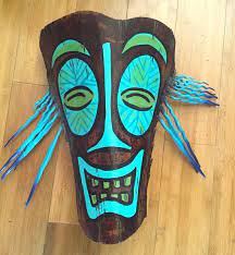 Large Fun Smiling Good Luck Blue Tiki Mask Handmade From Palm Frond Palm Frond Art Palm Tree Art Tiki Art