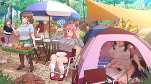 ryokucha michi, original, highres, 1boy, 5girls, ?, blurry, blurry  background, bra visible through clothes, breasts, camping, condom, cooking,  crowd, female pubic hair, foliage, forest, from outside, grill, grilling,  large breasts, lying, multiple
