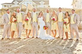 Bridesmaid Dresses With Khaki Suits Pastel Bridal Party Summer Southern Shores Nort Beach Wedding Suits Beautiful Beach Wedding Yellow Bridesmaid Dresses