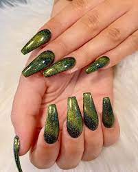 Long Nails Coffin Nails Cat Eye Acrylic Nails Green Nails Summer Nails Spring Nails Fall Nails Bir Grune Acrylnagel Geburtstagsnagel Nageldesign Herbst