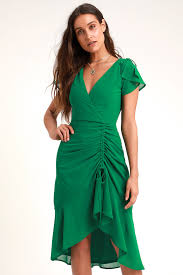 Outstanding Green Ruched High Low Midi Dress High Low Midi Dress Midi Ruffle Dress Green Evening Gowns
