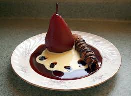 Kind Of Classic But It Could Be Jazzed Up A Bit Port Poached Pear With Creme Anglaise And It Looks Poached Pears Entertaining Recipes Dessert Presentation