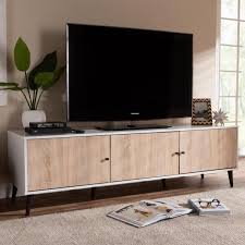 Baxton Studio Bastien White And Oak Brown Tv Stand 148 8977 Hd The Home Depot In 2020 Oak Tv Stand Modern White Lights Tv Stand Decor