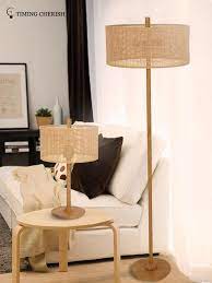 Rhine 2 Light Natural Wood And Tan Wicker Modern Floor Standing Lamp In Natural Wood Standing Lamp Living Room Floor Lamps Living Room Lamps Living Room