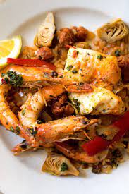 Baked Paella With Shrimp Chorizo And Salsa Verde Recipe Recipe Recipes Paella Shrimp